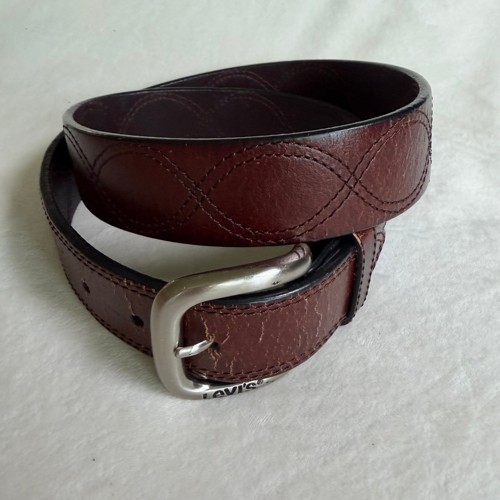 Levis Leather Belt Mens 34 Brown Stitched Diamond Pattern Silver Buckle 3227P